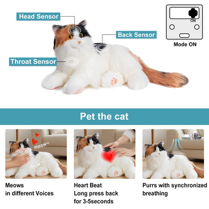 Chongker Interactive Companion Robot Cat, Weighted Breathing Stuffed Animals, Cat Plush Toy with Meow Voice, Breathing, Response, Realistic Heartbeat and Purring (Dark Calico Cat)