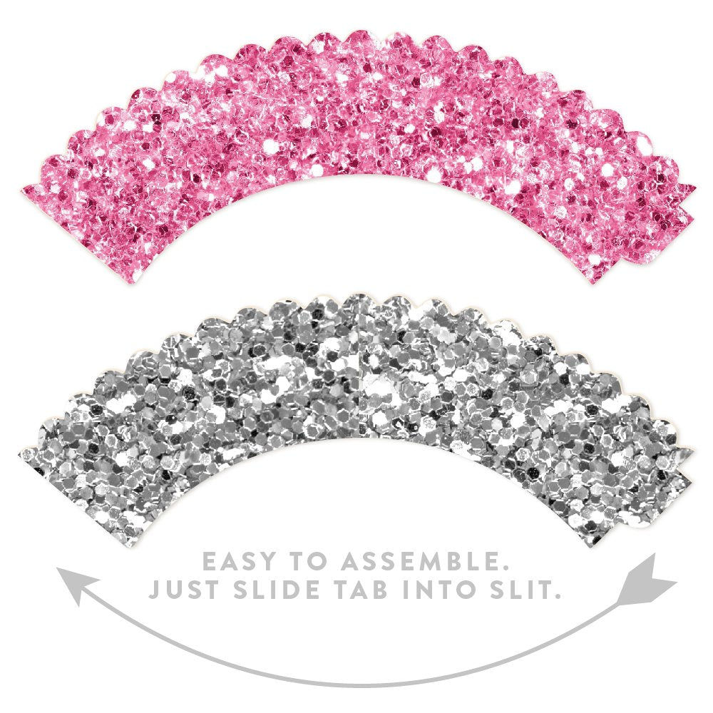 Andaz Press Party Cupcake Wrapper Decorations, Pink And Silver Glitter Paper, 24-Pack, Bulk Cake Supplies Pink Cupcake Wrappers Girl Baby Shower 1st Birthday, Not Real Glitter Silver Cupcake Wrappers