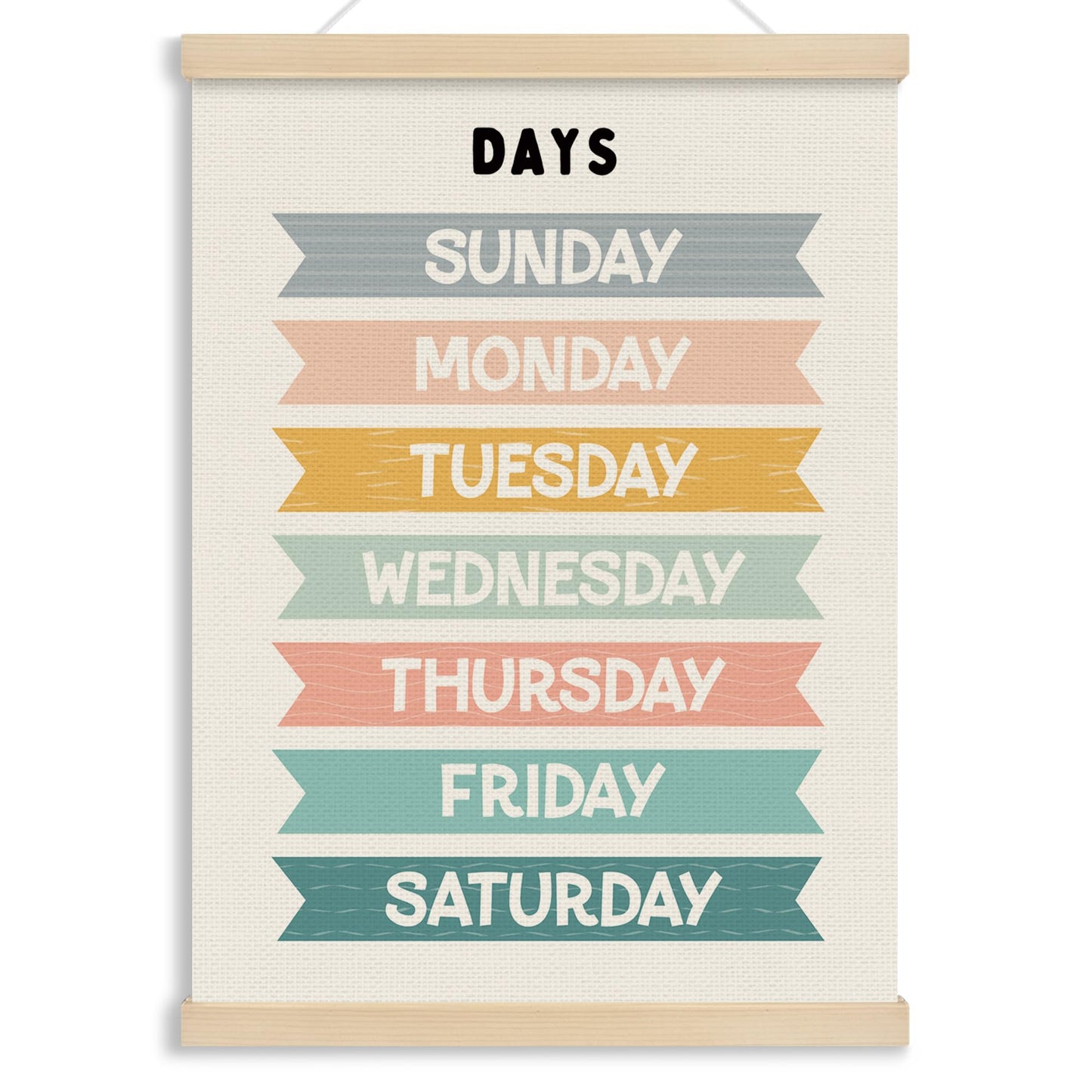 MOTERMATE Days of The Week Wall Art Poster for Kids, Boho Toddler Room Decor, Learning Educational Canvas Poster Hanger Frame for Toddlers Classroom, Kids Playroom Wall Hanging Banner Decor, 12x16Inch