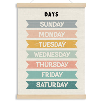 MOTERMATE Days of The Week Wall Art Poster for Kids, Boho Toddler Room Decor, Learning Educational Canvas Poster Hanger Frame for Toddlers Classroom, Kids Playroom Wall Hanging Banner Decor, 12x16Inch