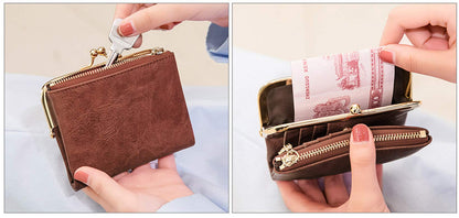 PofeeXIO Womens Wallet RFID Small Compact Bifold Leather Vintage Wallet,Ladies Coin Purse with Zipper and Kiss Lock (Brown)