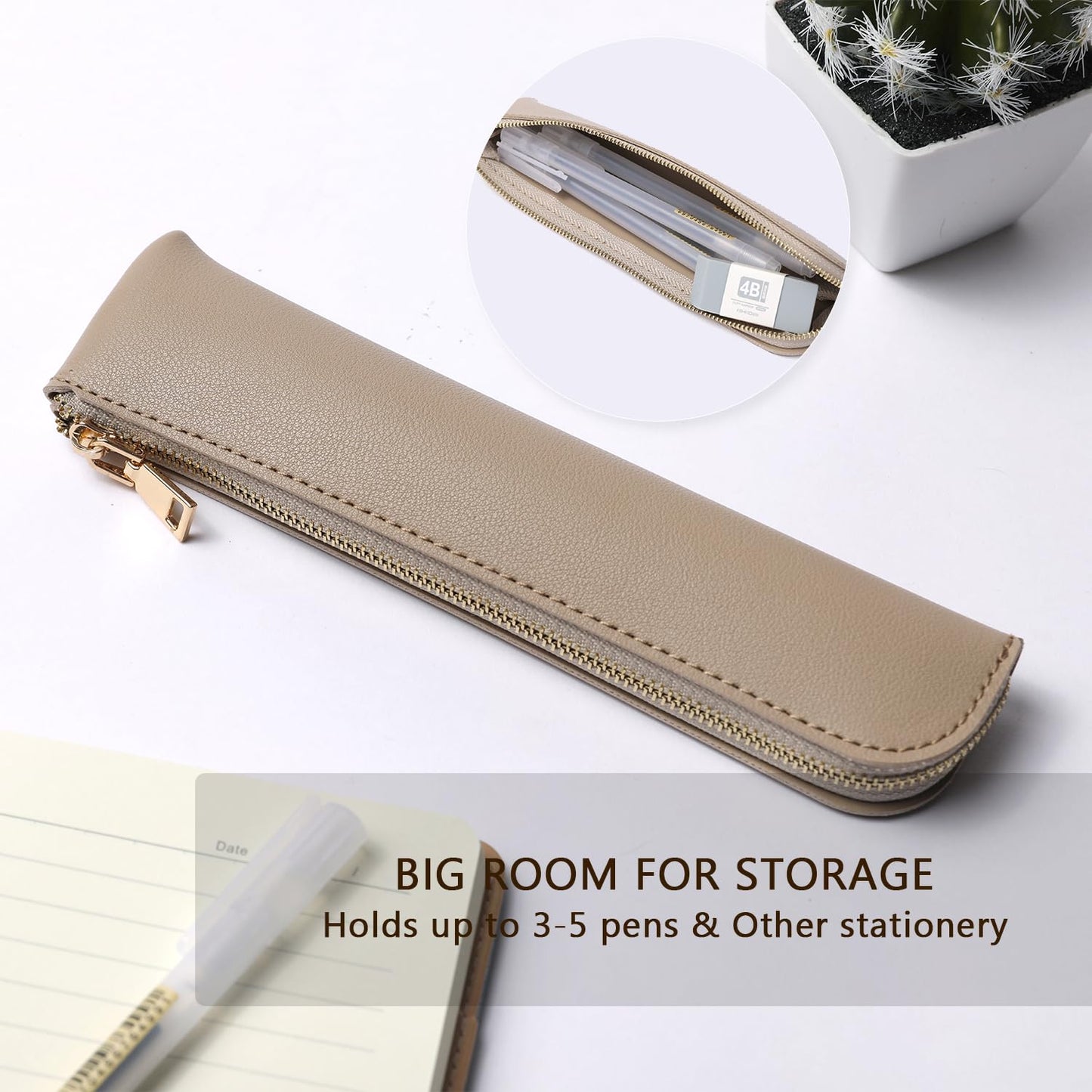 YONBEN Faux Leather Pencil Case Small Pencil Pouch Slim Pen Case Holder Zipper Bag for School Office(Pink,Faux Leather)