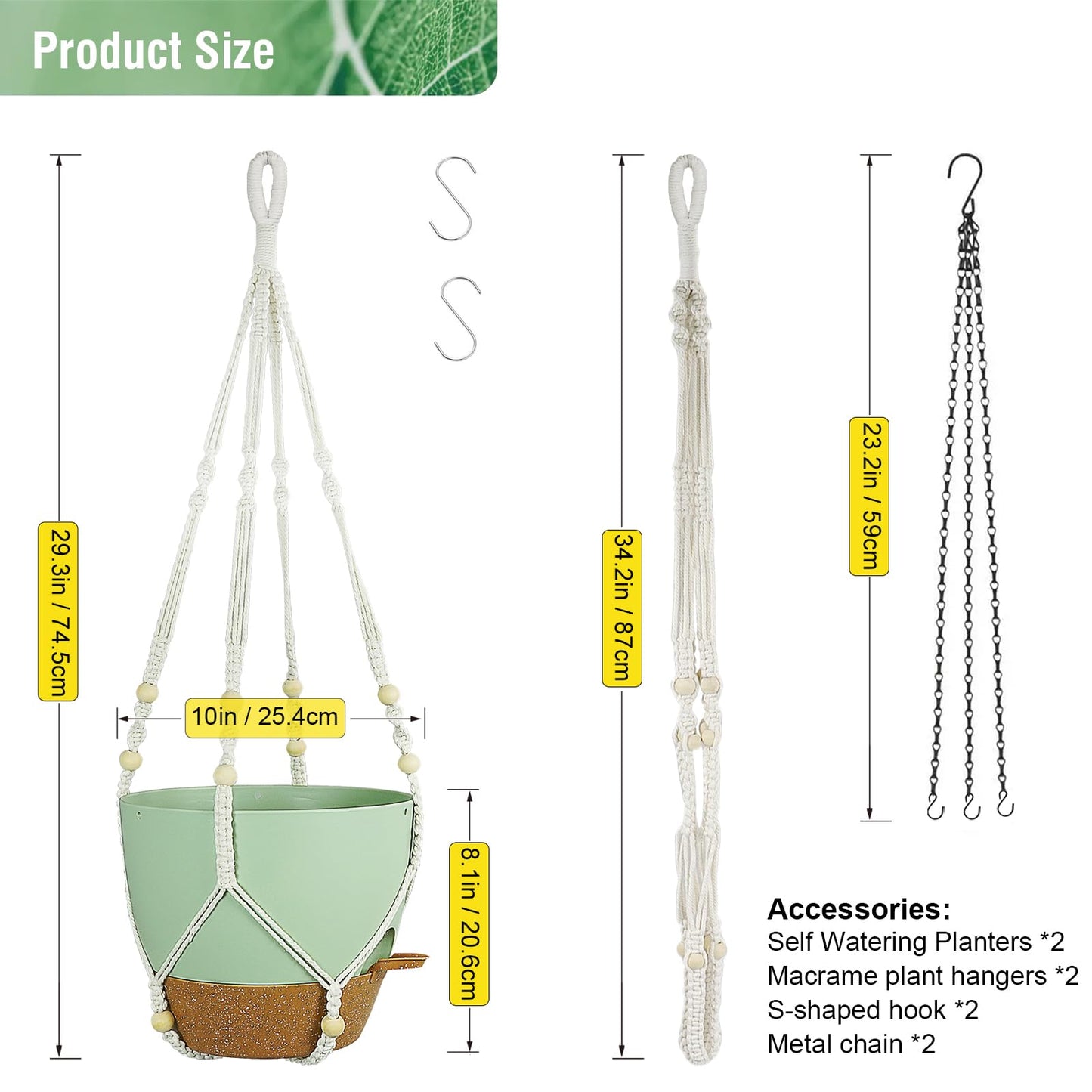 Meowell 10 inch Self Watering Hanging Planters for Indoor Plants, 2 Pack Hanging Baskets for Outdoor Plants, Hanging Flower Pots with Drainage Holes & 2 Kinds of Plant Hangers for Home Decor, Green
