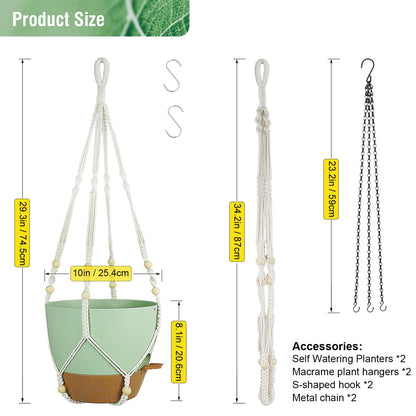 Meowell 10 inch Self Watering Hanging Planters for Indoor Plants, 2 Pack Hanging Baskets for Outdoor Plants, Hanging Flower Pots with Drainage Holes & 2 Kinds of Plant Hangers for Home Decor, Green