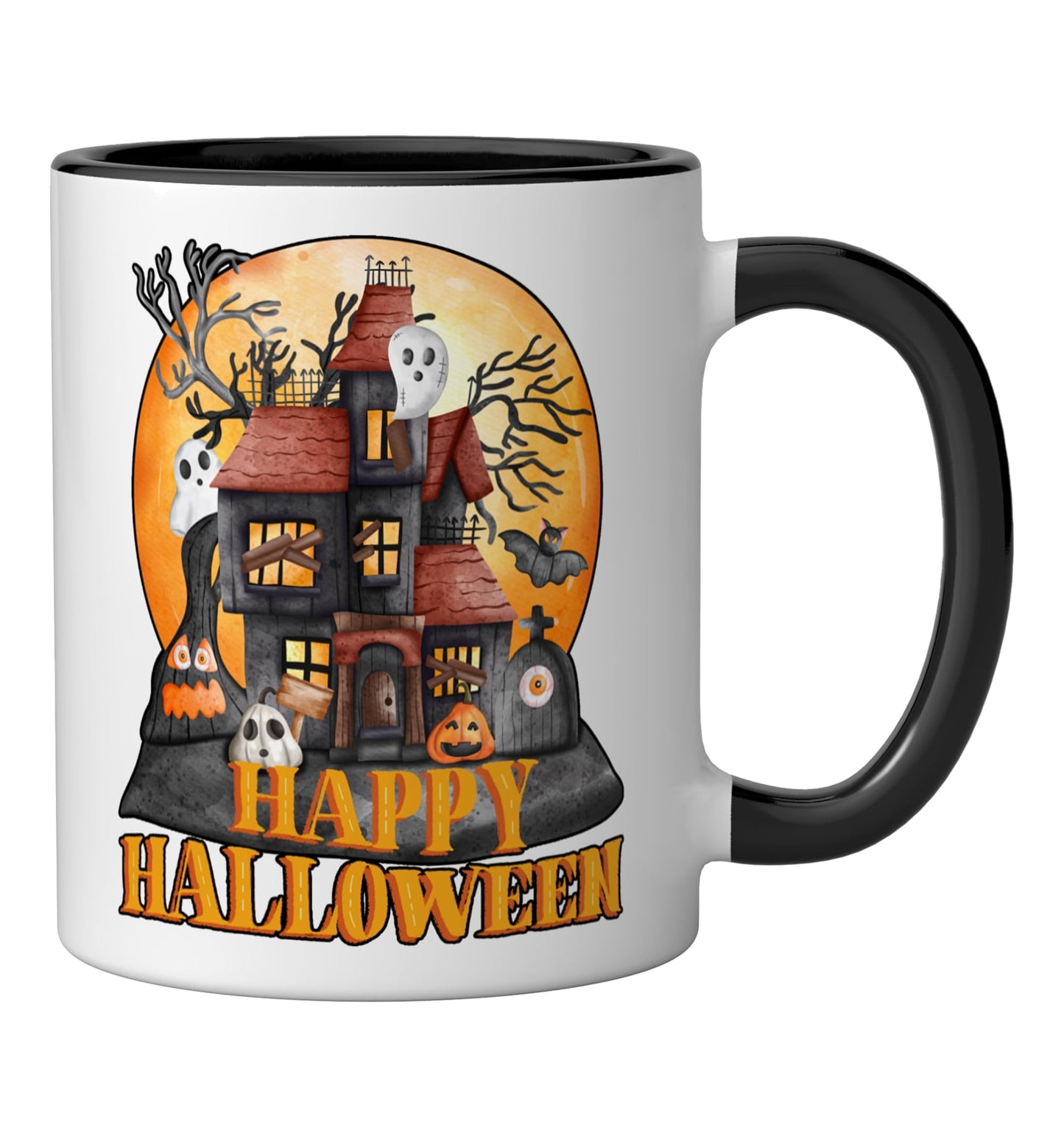 Fall season happy Halloween haunted houses spiders bats Ceramic Mug, Black/White