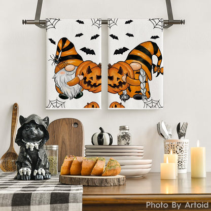 Artoid Mode Pumpkin Gnome Halloween Kitchen Towels Dish Towels, 18x26 Inch Bats Spider Web Jack-O'-Lantern Decoration Hand Towels Set of 2