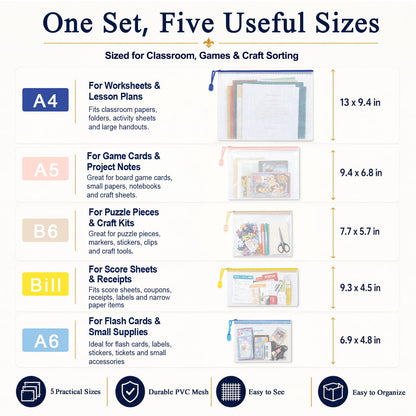 ROYPACK 25 Pack PVC Mesh Zipper Pouches with 1 Organizer Bag, 5 Sizes A4 A5 A6 Bill B6, Translucent File Bags for Classroom Puzzle Board Game Craft School Office Storage (26pcs)