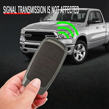 Zinc Alloy Car Key Fob Cover Compatible with 2019-2025 RAM 1500 2500 3500, Metal & Leather Remote Key Case Protector, Full Coverage Hard Shell Holder with Keychain Accessories (B-4-btns-Brown)