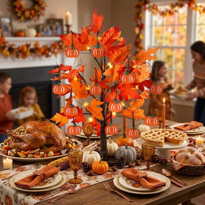 hogardeck Fall Decorations for Home, Thanksgiving Decorations, 24”2FT Lighted Maple Leaves Tree with 24 LEDs & 12 Wood Pumpkin Ornaments, Battery Powered Timer Artificial Trees for Autumn Table Decor