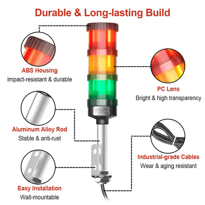 3 Stack Super Bright LED Andon Tower Light with Buzzer, 24VDC Red/Yellow/Green Signal Light, Off-ON, 32.8ft Extension Cord, 9.8ft Power Adapter, Plug Play Ready, for Factory Automation & Safety Alarms