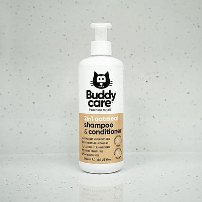 Buddycare Oatmeal 2in1 Cat Shampoo & Conditioner Vegan, Cruelty-Free & PH Balanced - Packed with Aloe & Pro Vitamin B5 | Deep Cleanse Grooming for Healthy Coats | Also Suitable for Kittens (16.90oz)