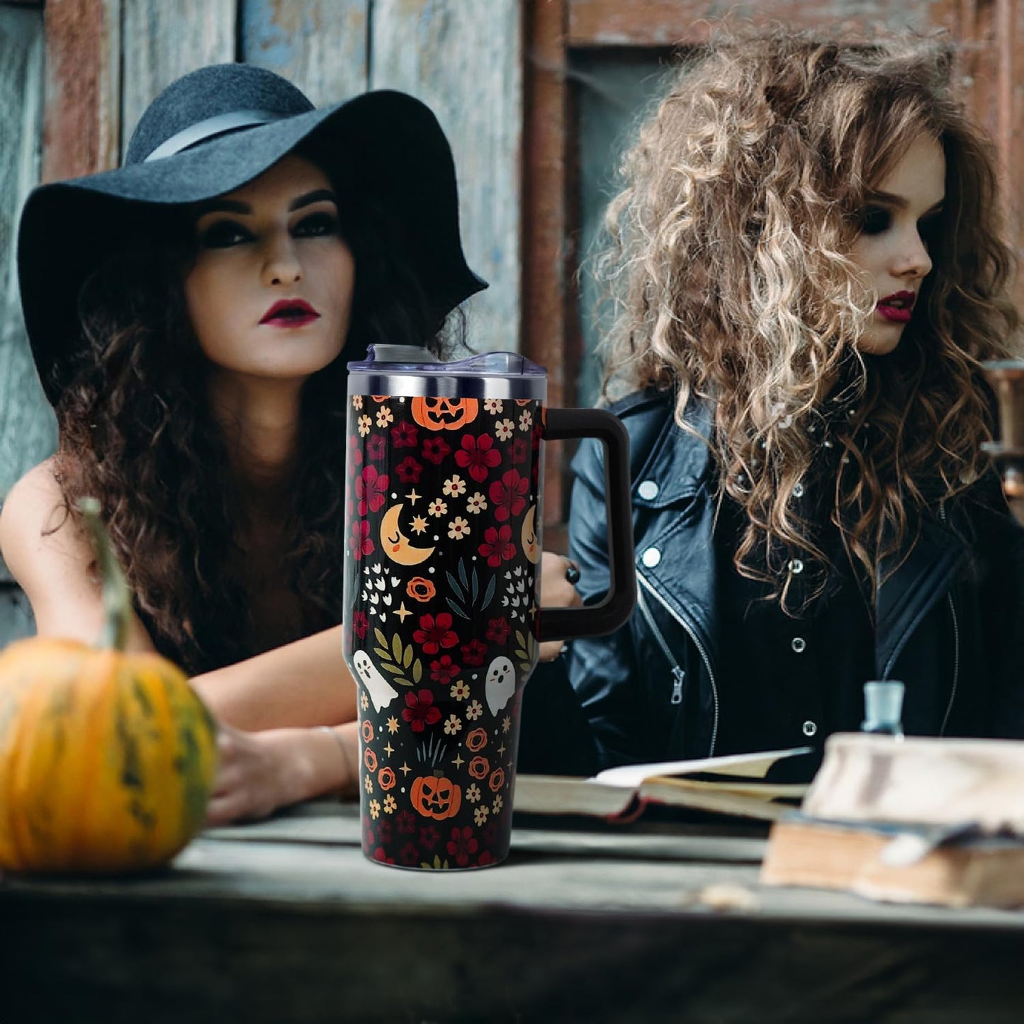Halloween Tumbler with Lid and Straw 40oz,Fall Skulls Ghost Pumpkins Flower Vacuum Insulated Leak Proof Tumbler,Goth Cute Spooky Gift Women Girls,Thanksgiving Accessories Stainless Steel Coffee Cup