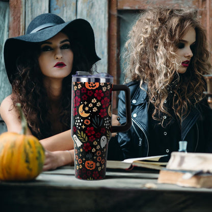 Halloween Tumbler with Lid and Straw 40oz,Fall Skulls Ghost Pumpkins Flower Vacuum Insulated Leak Proof Tumbler,Goth Cute Spooky Gift Women Girls,Thanksgiving Accessories Stainless Steel Coffee Cup