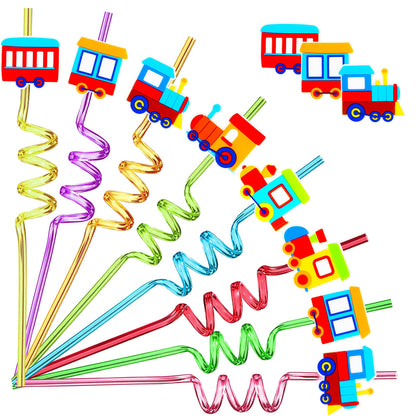 24 Pack Train Theme Shaped Straws - Reusable Plastic Straws with Cartoon Decoration - Kids Party Supplies - Birthday Party Favors with 2 Cleaning Brushes