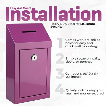 Metal Donation Box-Suggestion Box with Slot and lock-Cash Lock box for Money-Secure Drop Box-Comment and ballot voting box-comes with pre-drilled holes for easy wall mounting 10 X 6 X 2.5"(Purple)