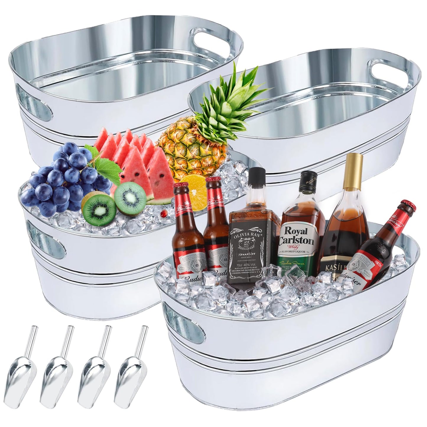 4Pcs 4 Gallon Galvanized Ice Bucket Large Galvanized Tub with Scoops Ice Bucket for Parties Mimosa Bar Supplies with Carry Handles Metal Beverage Tub for Champagne Cocktails Beer Drink Wine