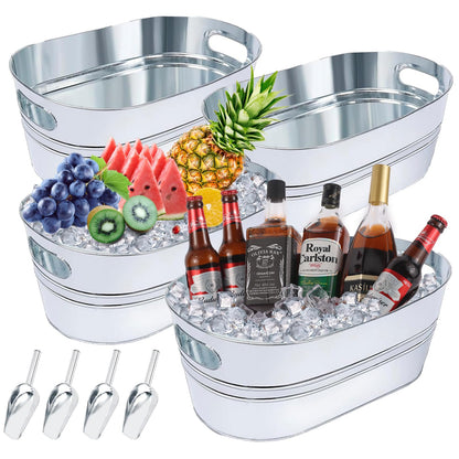 4Pcs 4 Gallon Galvanized Ice Bucket Large Galvanized Tub with Scoops Ice Bucket for Parties Mimosa Bar Supplies with Carry Handles Metal Beverage Tub for Champagne Cocktails Beer Drink Wine