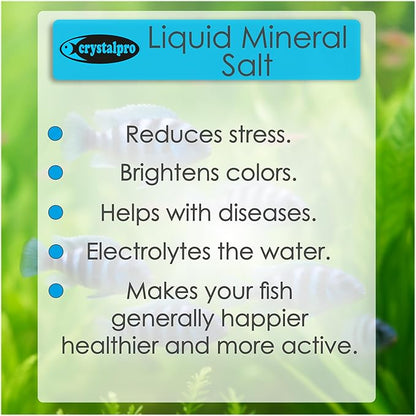 Crystalpro Liquid Mineral Salt 4.2 Oz - Liquid Aquarium Salt for Tropical Freshwater Fish - Reduces Stress - Boosts Protective Coat - Aquarium Mineralizer Treats 660 Gallons
