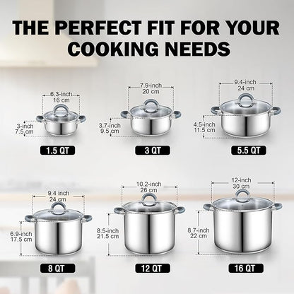 Cook N Home Basics 3 Quart Stainless Steel Stock Pot with Lid, Cooking Pot for Pasta, Soup, Stay-Cool Silicone Handle, Stockpot with Even Heating, Oven Safe, Cookware for Canning, Boiling, Simmer