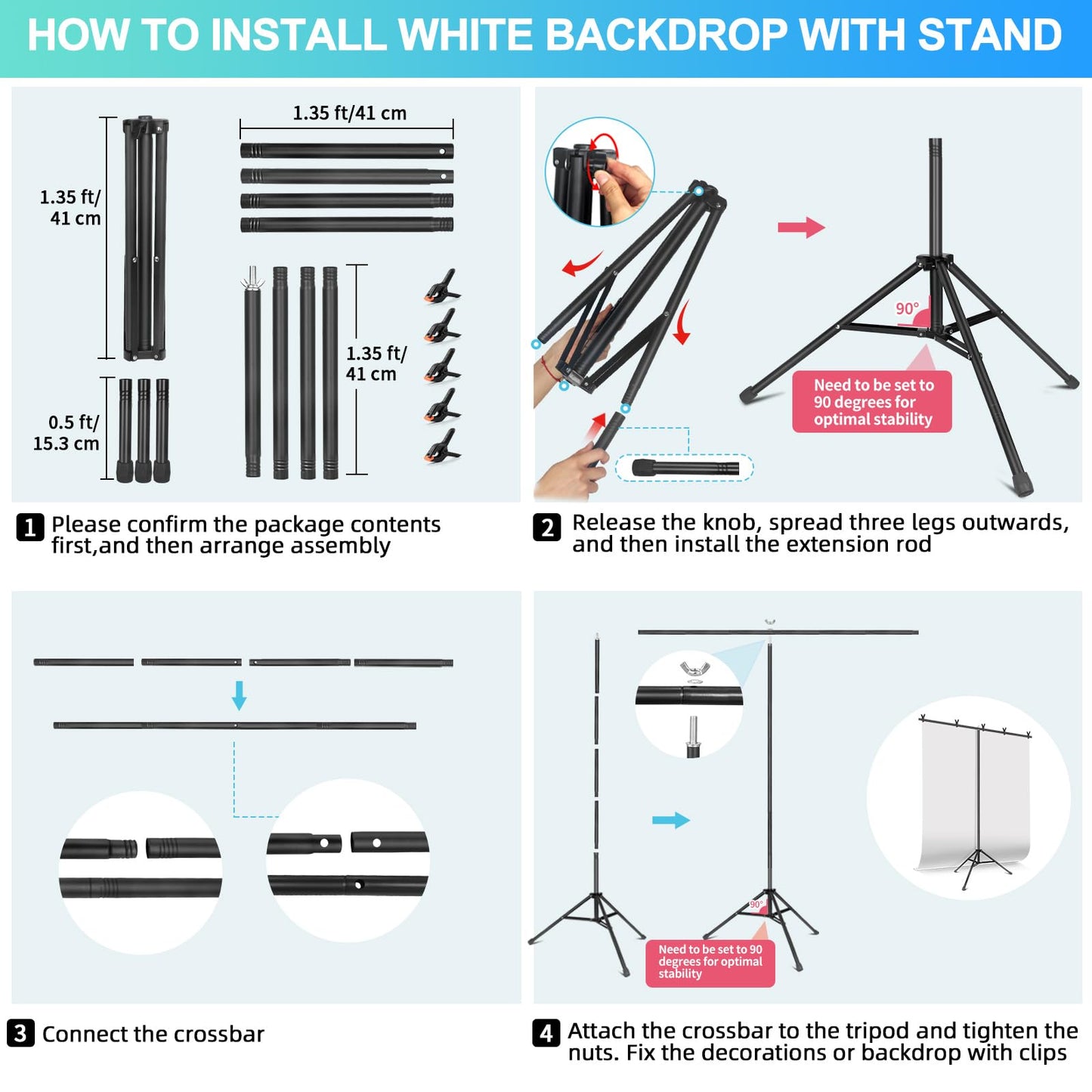 White Backdrop with Stand for Photoshoot, 5X6.5ft White Photo Backdrop with T Shape Background Backdrop Stand for Photography, Portable Photo Backdrop Curtain Stand Kit w Carrying Bag 5 Spring Clamps