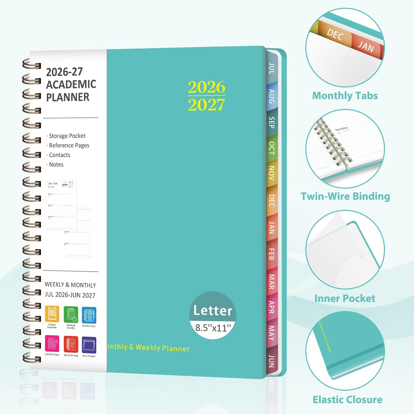 Planner 2026-2027, Weekly and Monthly Academic Planner, July 2026 - June 2027, Hardcover Calendar Agenda Book for School Year Planning, School Supplies for Teacher and Student, Letter Size(8.5'' x 11'')