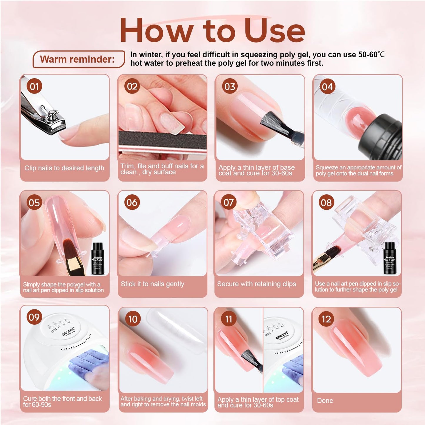 JEWHITENY Poly Extension Gel Nail Kit 14 PCS Poly Gel Kit with Slip Solution and Mini Lamp Nail Art Design Beginner