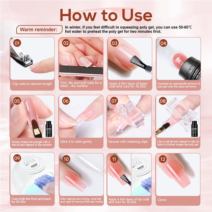 JEWHITENY Poly Extension Gel Nail Kit 14 PCS Poly Gel Kit with Slip Solution and Mini Lamp Nail Art Design Beginner