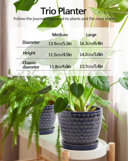Plant Pots, Planters for Indoor Plants, Ceramic Plant Pots, 6.5+5.5 inch Plant Pot with Drainage and Saucer, Pots for Plants with Hole Mesh Pad, Set of 2, Reactive Glaze Blue