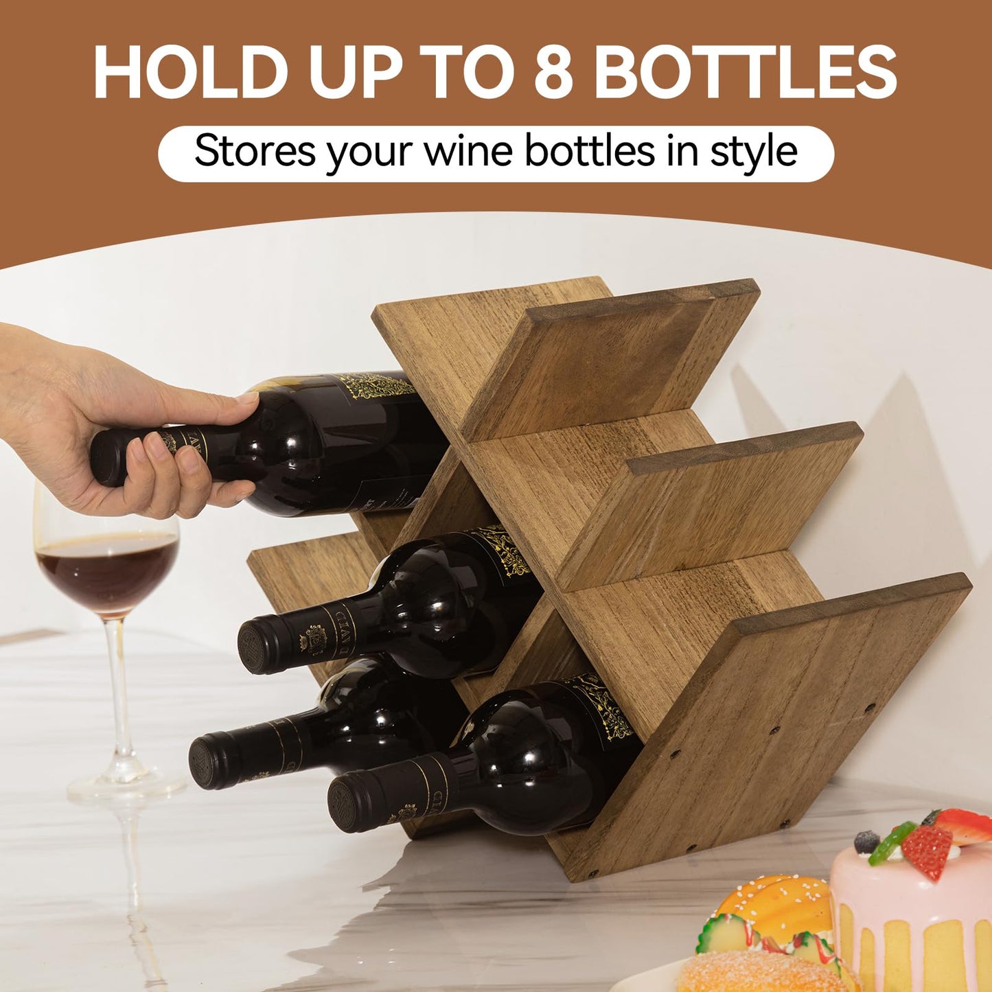 KIRIGEN Wooden 8-Bottle Wine Rack, 3-Tier Countertop Wine Bottle Holder for Cabinets, Bar Cart, Kitchen Counter, Pantry, Dining Room, 16.73 x 5.9 x 11.14 in, XHJJ3-DBR