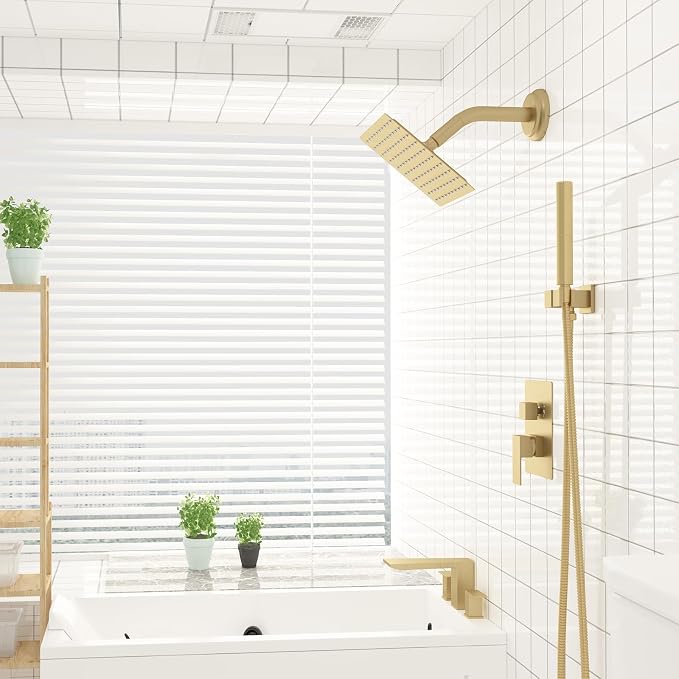BESy 8 Inch Rain Shower Head, 8" Square Rainfall & High Pressure Stainless Steel Bath Showerhead, 1/16" Ultra Thin, Waterfall Full Body Coverage with Silicone Nozzle, Brushed Gold