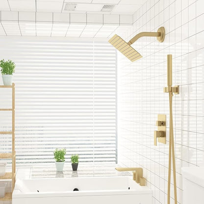 BESy 8 Inch Rain Shower Head, 8" Square Rainfall & High Pressure Stainless Steel Bath Showerhead, 1/16" Ultra Thin, Waterfall Full Body Coverage with Silicone Nozzle, Brushed Gold