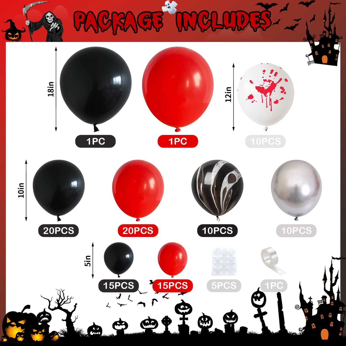 Froova Halloween Balloon Arch Kit Bloody Balloons Garland Black and Red Balloon with Horror Marble Latex Balloons for Scary Creepy Killer Night Ghost Spooky Vampire Birthday Baby Shower Party Decor
