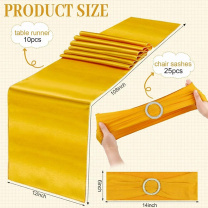 Hosuly 25 Pcs Gold Chair Sashes Bow with 10 Pcs Satin Table Runner Spandex Chair Sashes with Buckle Slider Satin Silk Runner for Wedding Ceremony Banquet Hotel Party Rectangle Round Table Decor