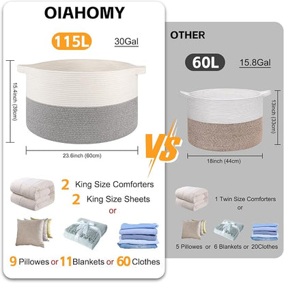 OIAHOMY 115L Extra Large Blanket Basket for Living Room, 23.6" x 15.4" Woven Cotton Rope Laundry Basket for Organizing Pillows, Decorative Stuffed Animal Toy Storage for Nursery, White and Light Grey
