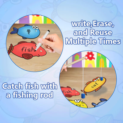 Quixorblex Magnetic Fishing Game 40 Dry Erase Fish Cards 48 Sight Words Flash Cards Kindergarten DIY Alphabet Fish Sight Word Games Educational Toys