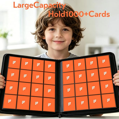 1000+ Pockets Trading Card Binder, 16 Pockets Trading Card Binder Ringless Side Loading Trading Card Album Folder for TCG,MTG,Sports Cards(Orange-1)