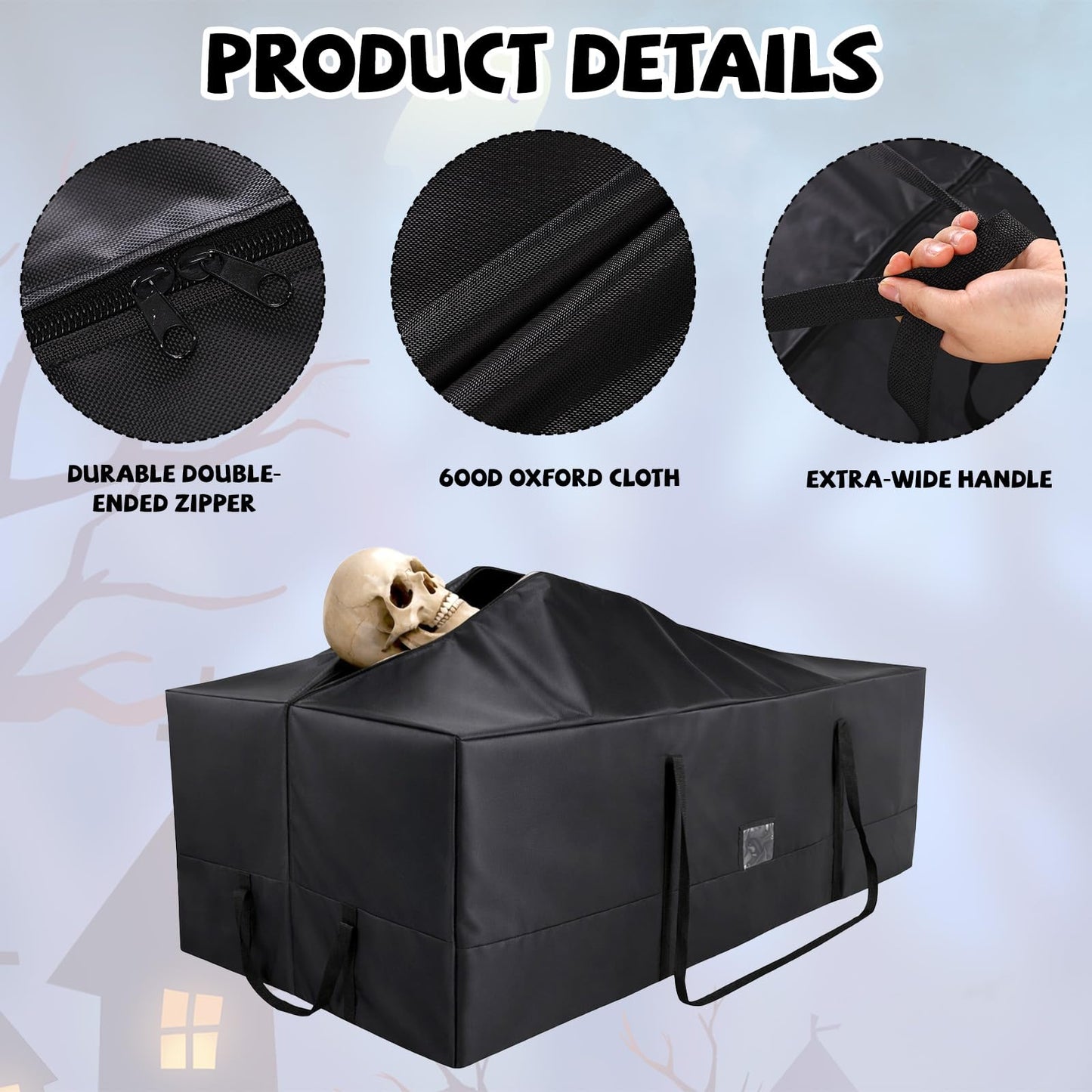 3.66m/12ft Skeleton Storage Bag, 600D Oxford Waterproof Large Heavy Duty Christmas Tree Storage Bag with Reinforced Handles Dual Zippers & Pocket for 12 Foot Skeleton & Artificial Trees