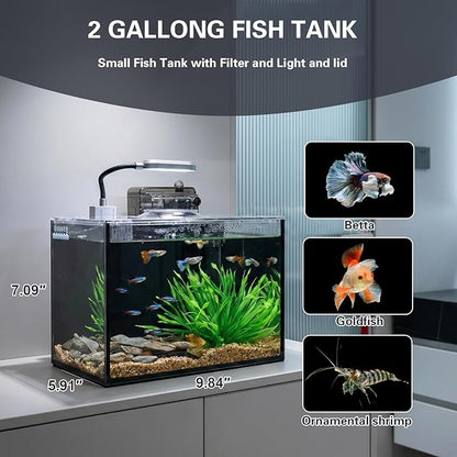 2 Gallon Small Aquarium Set Glass Fish Tank,Desktop Small Aquarium Kit for Beginners and Children to Keep Betta Fish, Goldfish, Shrimp, and Aquatic Plants (Black, 2 Gallon (Complete Kit) ﻿)