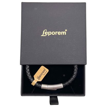 Leporem Black Braided Leather Bracelet Premium 18K Plated Surgical Steel Push Lock Clasp Hypoallergenic Urban Jewelry Gift Black Medium 7.5 Inch (Black, 7.5")