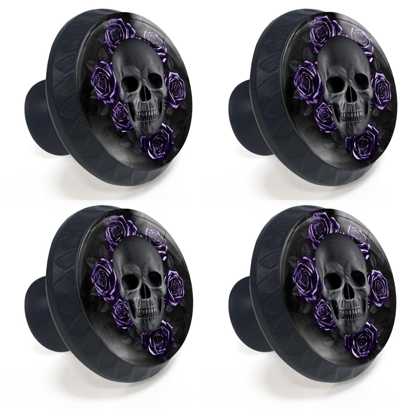 Artinhand 4 Pack Gothic Black Skull Purple Roses Cabinet Knobs for Kitchen