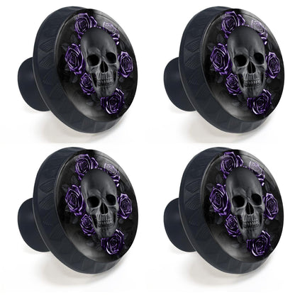 Artinhand 4 Pack Gothic Black Skull Purple Roses Cabinet Knobs for Kitchen