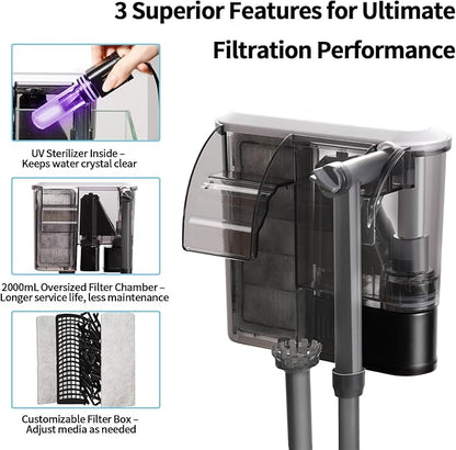 U1 Aquarium Filter with Built-in UV Sterilizer for Green Water Control, 2000mL Extra-Large Filter Chamber, Anti-Splash High Walls & Extended Adjustable Intake Pipe for 30-50 Gallon Fish Tanks
