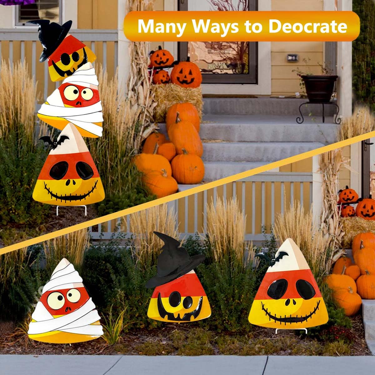 SMATOLS 3 Packs Halloween Garden Stakes, Stacked Metal Candy Corn Lawn Decor, Halloween Decorative 3D Yard Signs Stake for Outdoor Front Garden Pathway Decorations