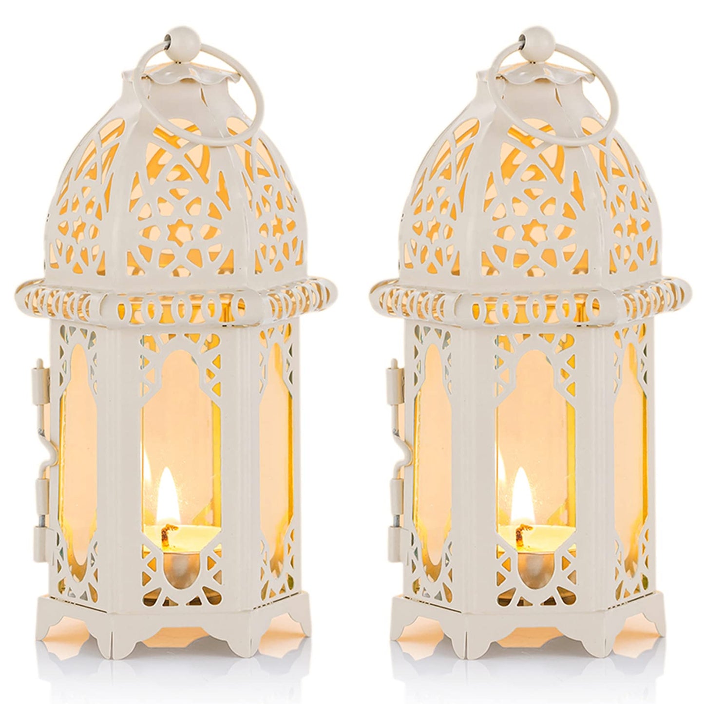 NUPTIO 2 Pcs Moroccan Style Candle Lantern - Small Sized Tealight Candle Holder with Transparent Glass Panels Great for Patio, Indoors/Outdoors, Events, Parties and Weddings, White