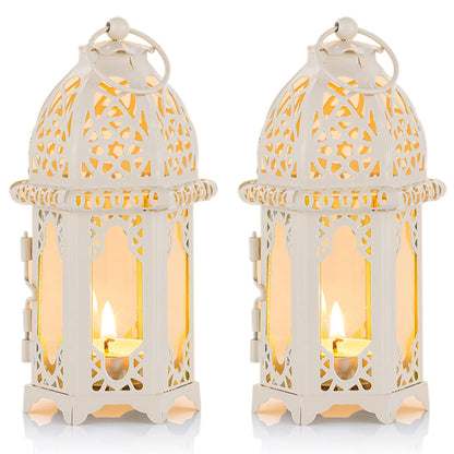 NUPTIO 2 Pcs Moroccan Style Candle Lantern - Small Sized Tealight Candle Holder with Transparent Glass Panels Great for Patio, Indoors/Outdoors, Events, Parties and Weddings, White