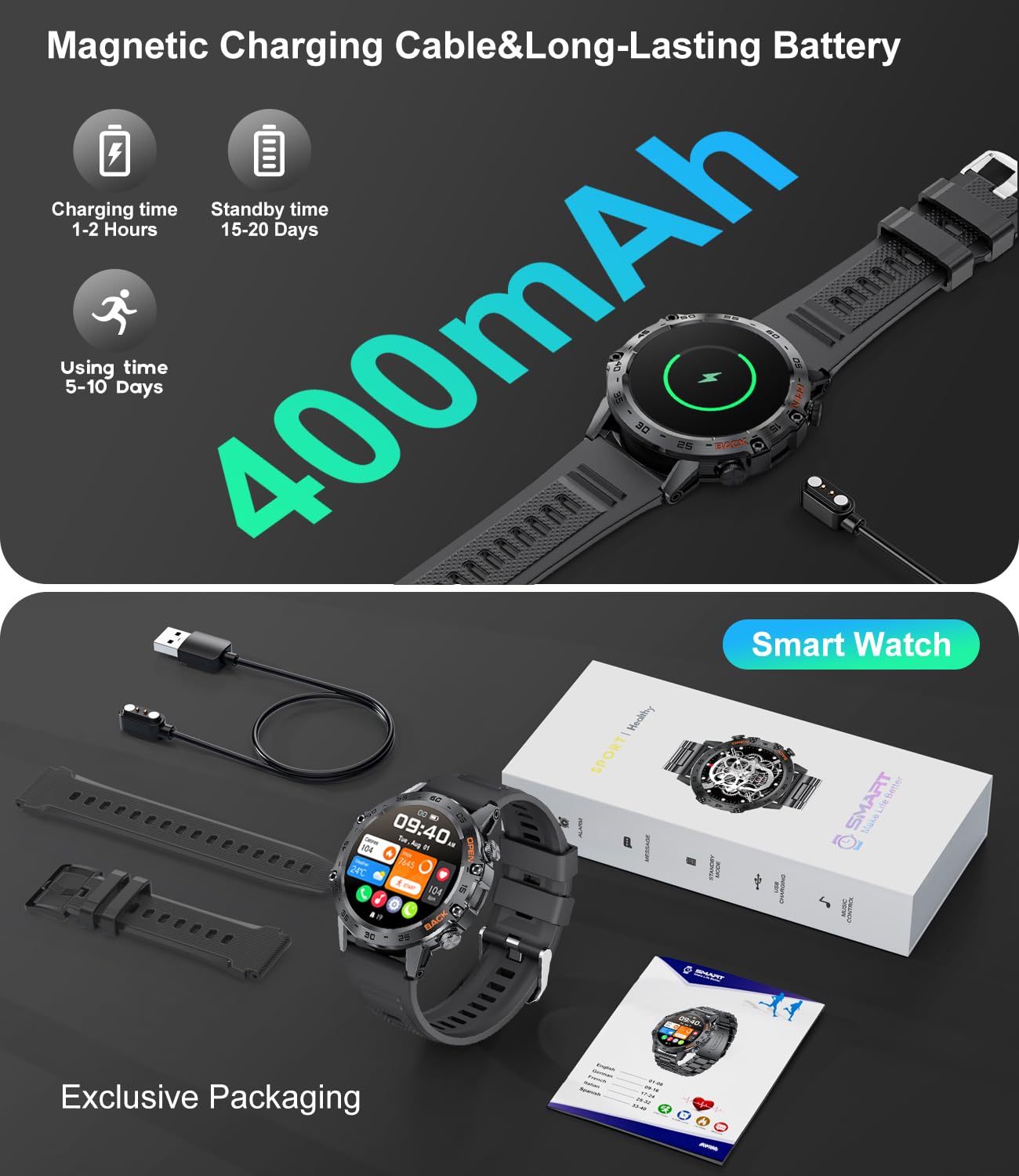 Military Smart Watch for Men(Answer/Dial Calls),100 Sports Modes, 5ATM Waterproof Fitness Watch with Heart Rate/SpO2/Blood Pressure for Android and iOS,1.39''HD DIY Screen Smartwatch Black