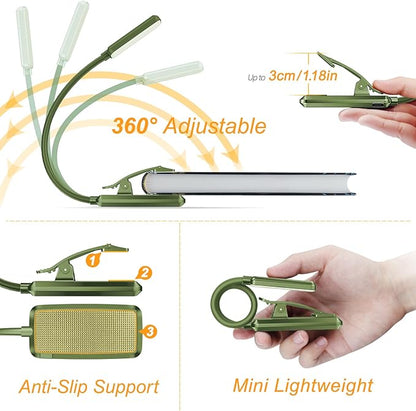Gritin 9 LED Rechargeable Book Light for Reading in Bed - Eye Caring 3 Color Temperatures,Stepless Dimming Brightness,80 Hrs Runtime Small Lightweight Clip On Book Reading Light -Intense Green