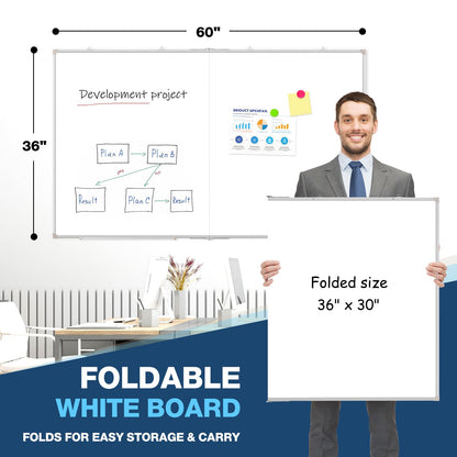 WALGLASS Large White Board Dry Erase Board, 60" x 36" Double-Sided Foldable Dry Erase Board for Wall, Magnetic Whiteboard for Office, Home, School, Kitchen