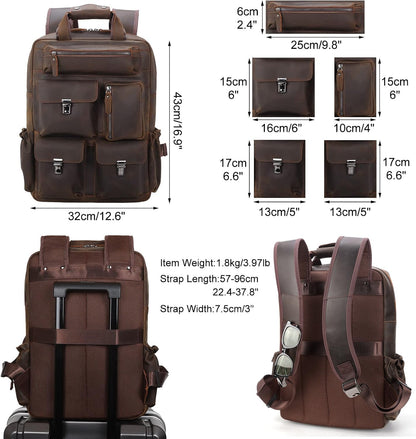 Masa Kawa Leather Backpack for Men Vintage 15.6 Inch Laptop Bag Multi Pockets Casual Work Travel Camping Daypack (deep brown)
