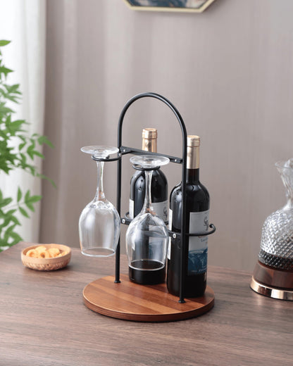 Wine Bottle and Glass Holder for Countertop | Small Wine Rack for 2 Bottles & 2 Glasses | Modern Tabletop Wine Storage with Round Wood Base | Freestanding Wine Stand & Caddy for Home Bar (Black)